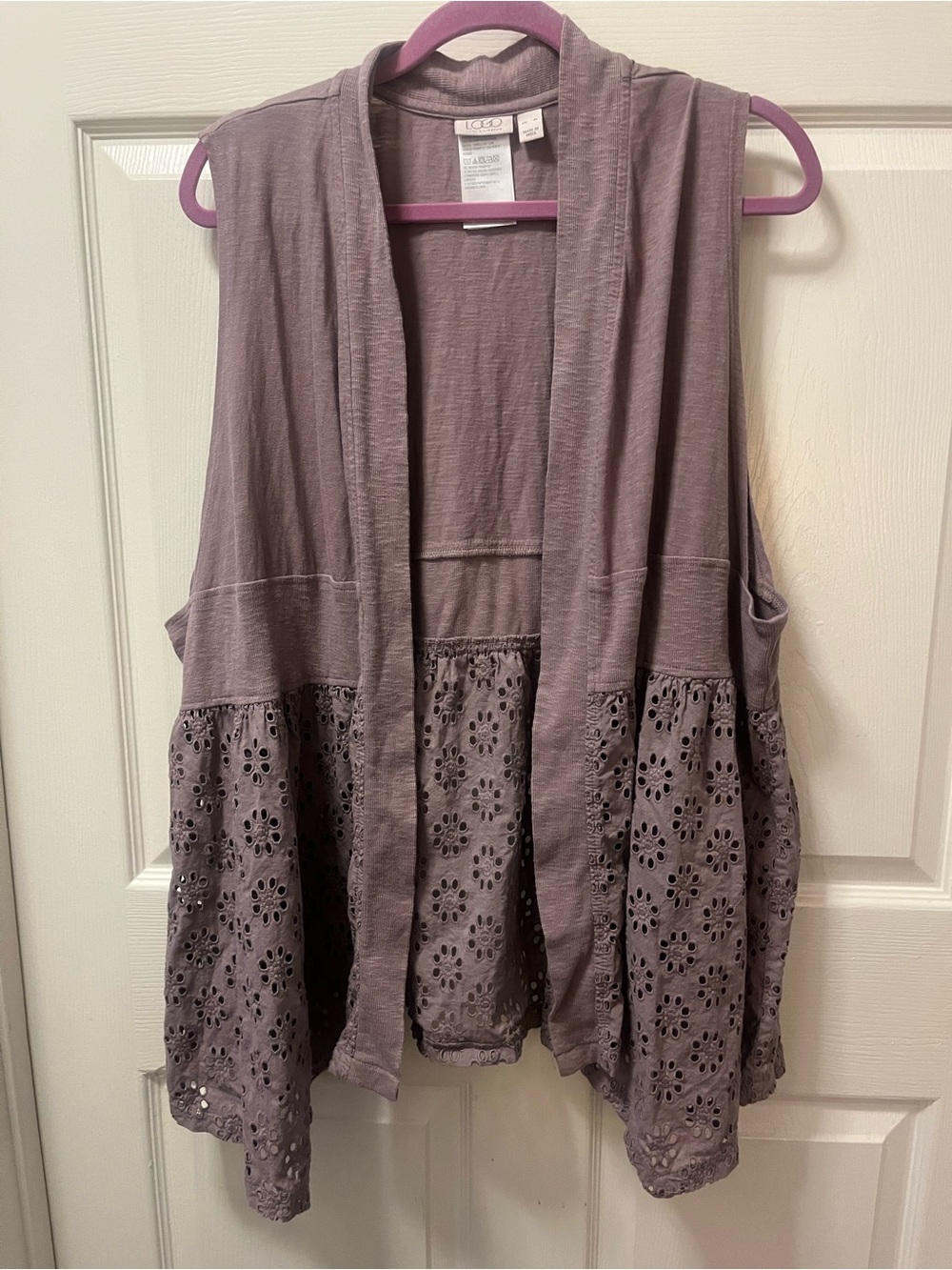 LOGO Lori Goldstein XL Open Vest Mauve/Taupe Eyelet Hem Knit Layering Cardigan